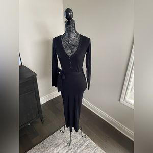 Babaton - Long sleeve black dress with waist tie